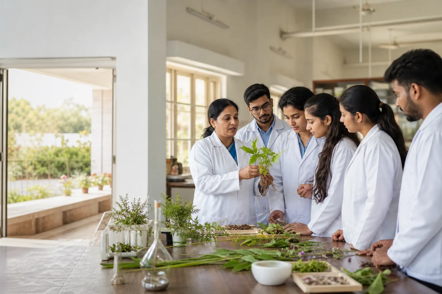 Indian BAMS students learning medicinal plant identification with faculty